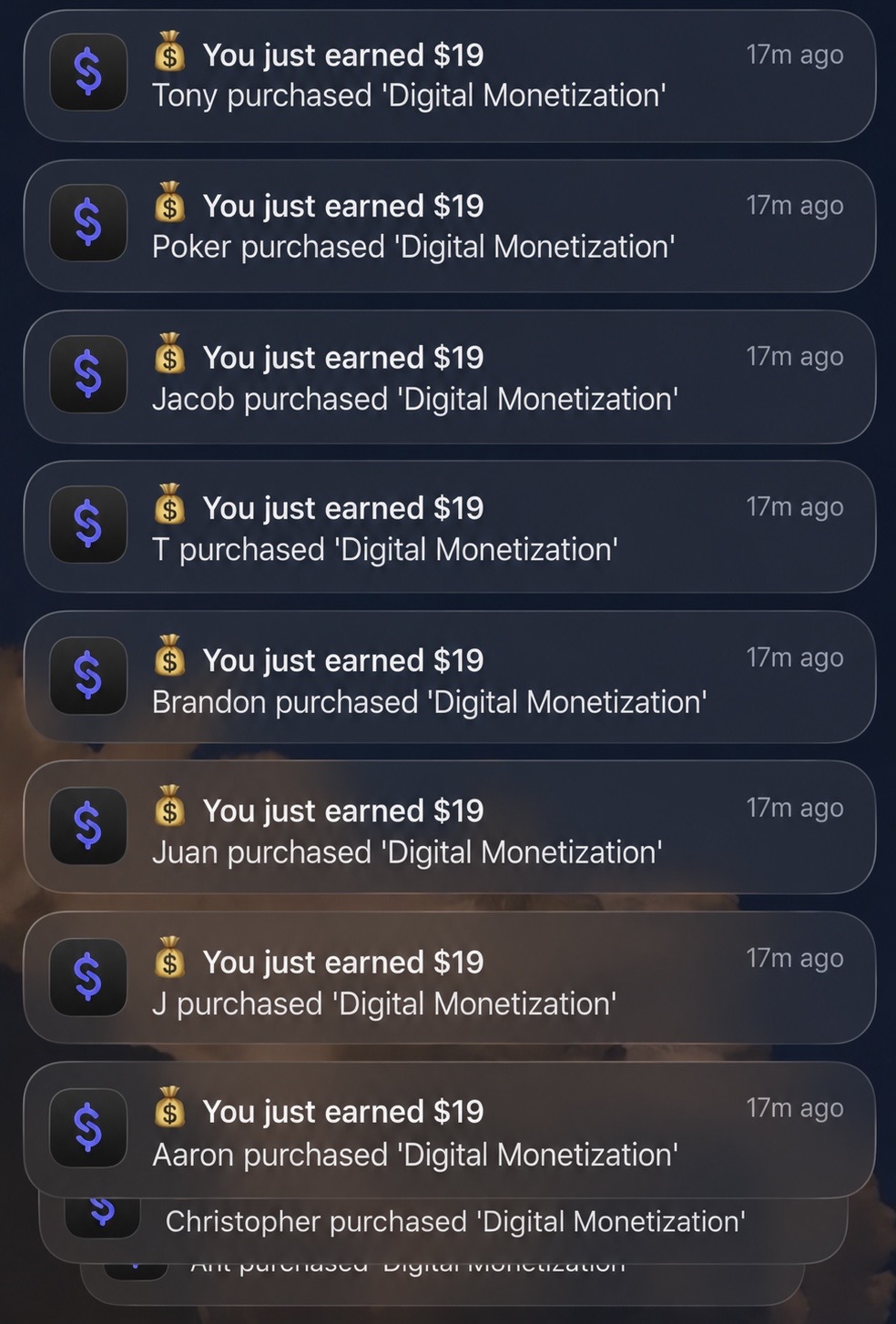 Stack of real-time sales notifications for Digital Monetization